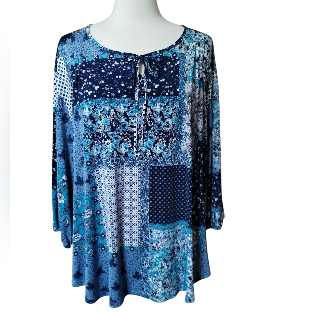 LINKS Boho Top Blue Patchwork Plus Size